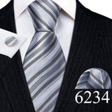 Luxury Mens Ties Set Blue Silver Gray Striped Necktie Pocket Square Cufflinks Set Wedding Gift Corbatas Clip Barry·Wang 6237