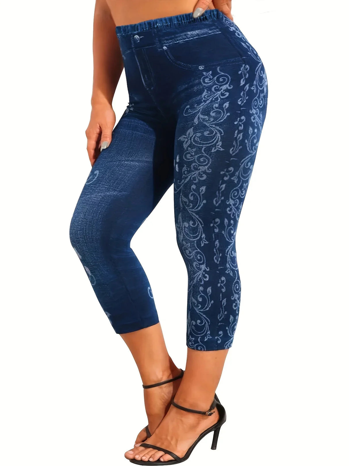 Women's Plus Size Sports Leggings, Lady Oversize Denim Print & Floral High Rise Skinny Slight Stretch Capri Tight Pants