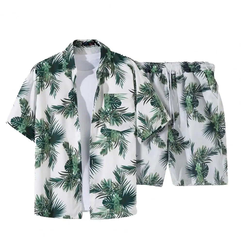 2Pcs/Set Lapel Short Sleeve Single Breasted Drawstring Pockets Men Tracksuit Coconut Tree Print Shirt Loose Shorts Sport Suit St