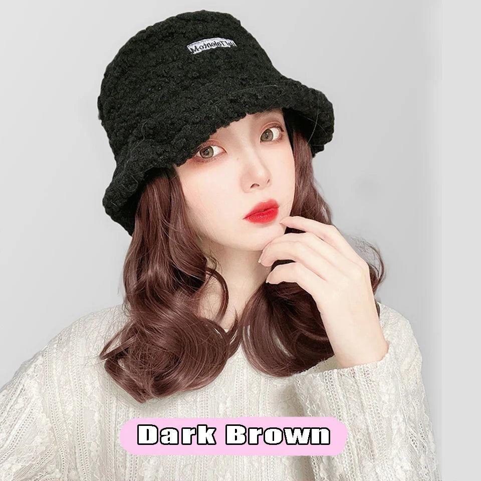 AS  Syntheti Curly hair Lamb wool fisherman hat Berets  Wig Natural Black Straight Wigs Naturally Connect Synthetic Hat Wig Adju