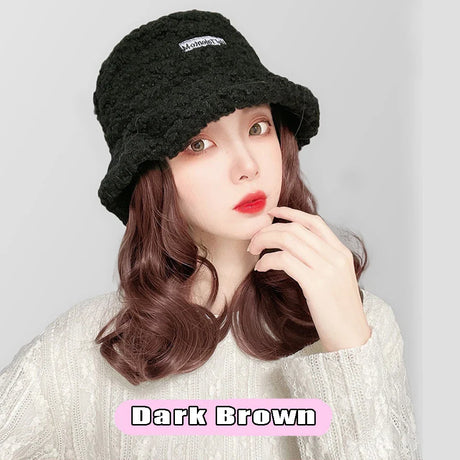 AS  Syntheti Curly hair Lamb wool fisherman hat Berets  Wig Natural Black Straight Wigs Naturally Connect Synthetic Hat Wig Adju