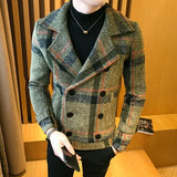 2023 Spring New Men's Slim Suit Coat British Fashion Plaid Coat Double Breasted Casual Woolen Coat Men's Large Clothing M-5XL