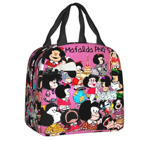 Mafalda Insulated Lunch Bags for Women Argentine Cartoon Quino Comic Portable Cooler Thermal Food Lunch Box Kids School Children