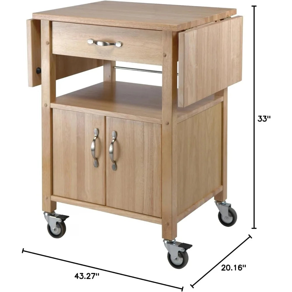 Kitchen island trolley, with storage cabinets, rolling kitchen table with solid wood countertops, drawers, natural color