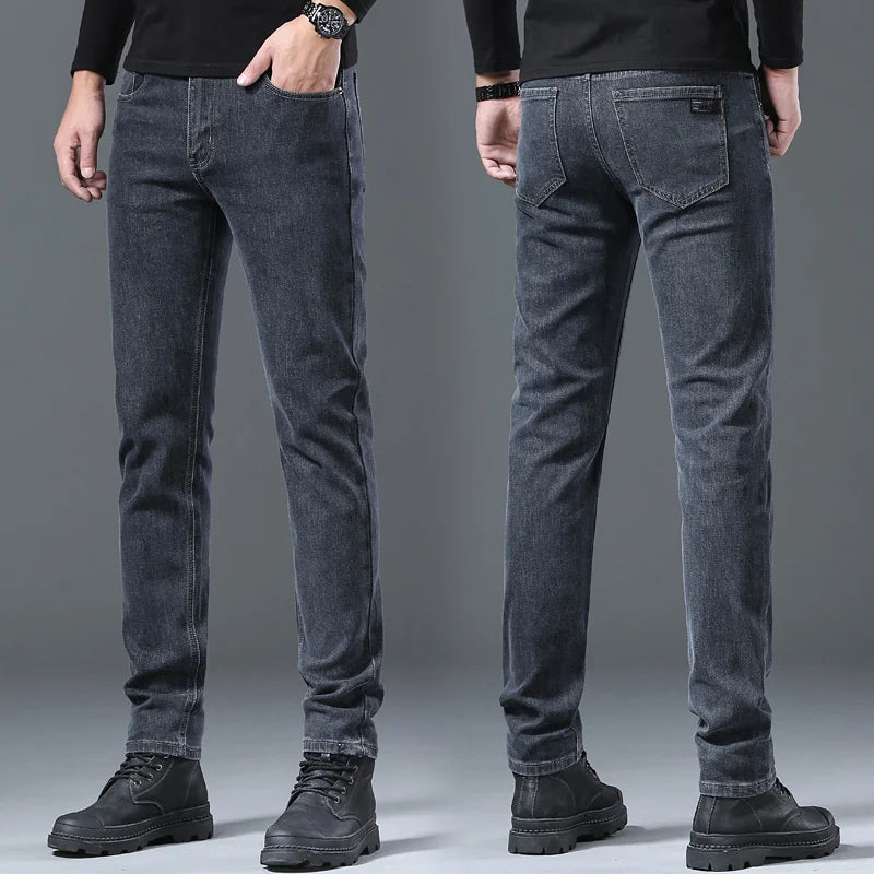 2023 New Black Gray Men's Stretch Jeans Classic Slim Korea Fashion Solid Color Simple Male Straight Skinny Denim Trousers