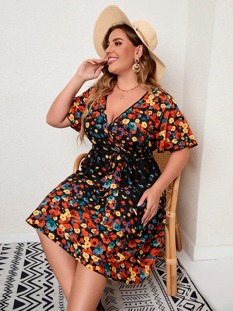 4xl 5xl Plus Size Midi Dress Women 2023 Summer V Neck Short Sleeve Floral Print Yellow Dress for Women Large Size Beach Dresses