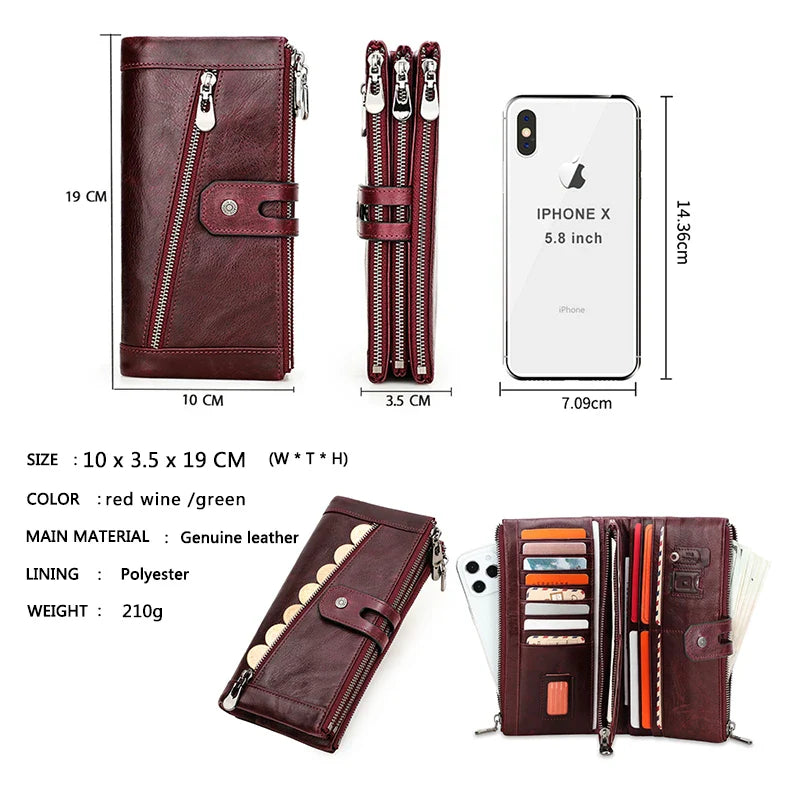 CONTACT'S Genuine Leather Long Women Wallets Luxury Designer Card Holder Coin Purse Money Clip Phone Pocket Unisex Men Wallets