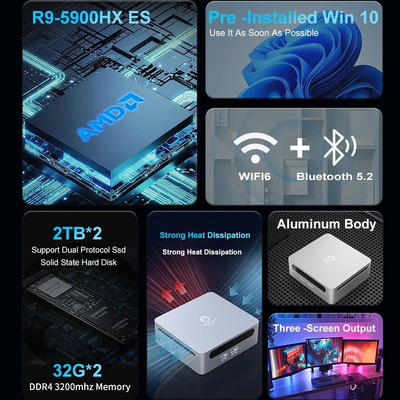 GenMachine New Mini PC Ryzen 9 5900HX ES Windows 11 DDR4 Max 64GB 3.2GHz Up to 4.6GHz WIFI6 Mini PC diy gaming computer