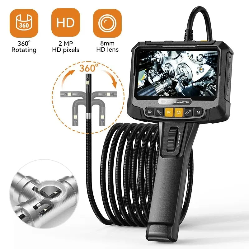 360° Steering Industrial Endoscope Camera 8mm Single&Dual Lens 1080P 5"IPS Screen Inspection Borescope Tools For  Pip Car Engine