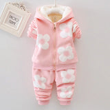 Baby Girls Flower Cartoon Thickk Woolen Autumn Winter Hoodied Jacket Coat Pants Clothing Set Children Kids Warm Clothes Suits