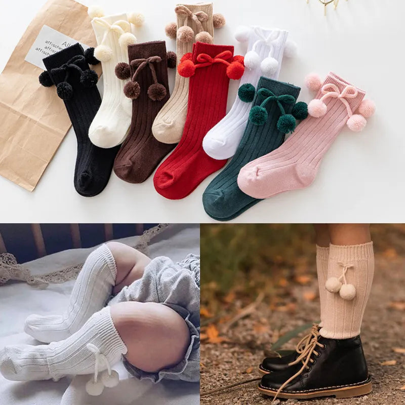 Baby Girls Cherry Ball Knee High Socks Toddler Tube British Style Princess Socks For Kids Knitted Sock Leg Warmer 0-5Years