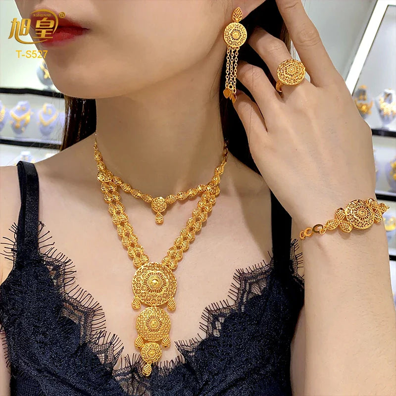 XUHUANG African Big Luxury 4PCS Dubai Gold Color Jewelry Necklace Sets For Women Bridal Wedding Sets 2023 Trend Jewellery Gifts