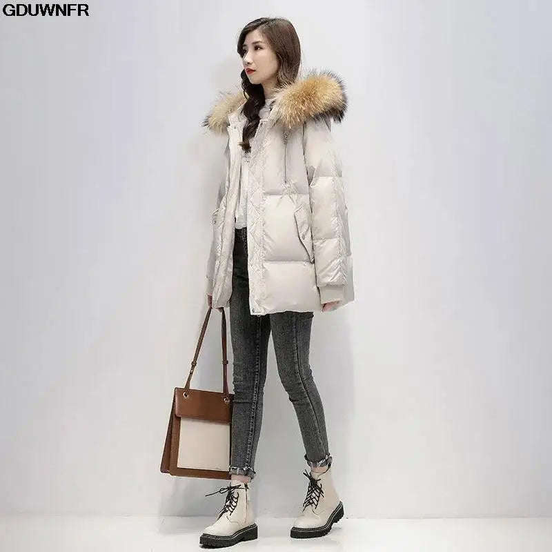 2023 New Warm Thicken Loose Down Jacket Women Winter Short Jacket Hooded Fur Collar Cotton Coat Korean Female Parkas Basic Coat