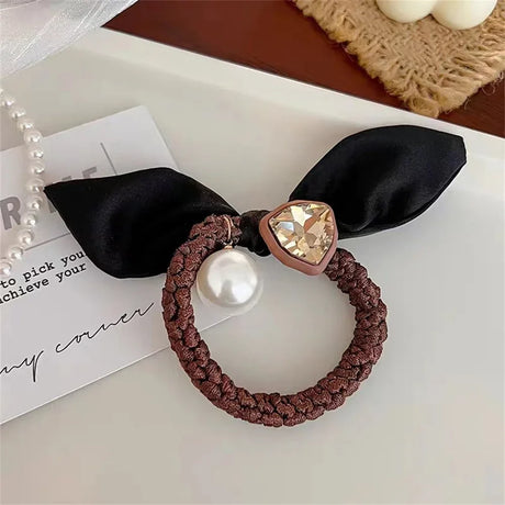 Elegant Faux Pearl Hair Ties High Elastic Seamless Black Scrunchies With Heart Diamond Women Girls Ponytail Holders Scrunchies