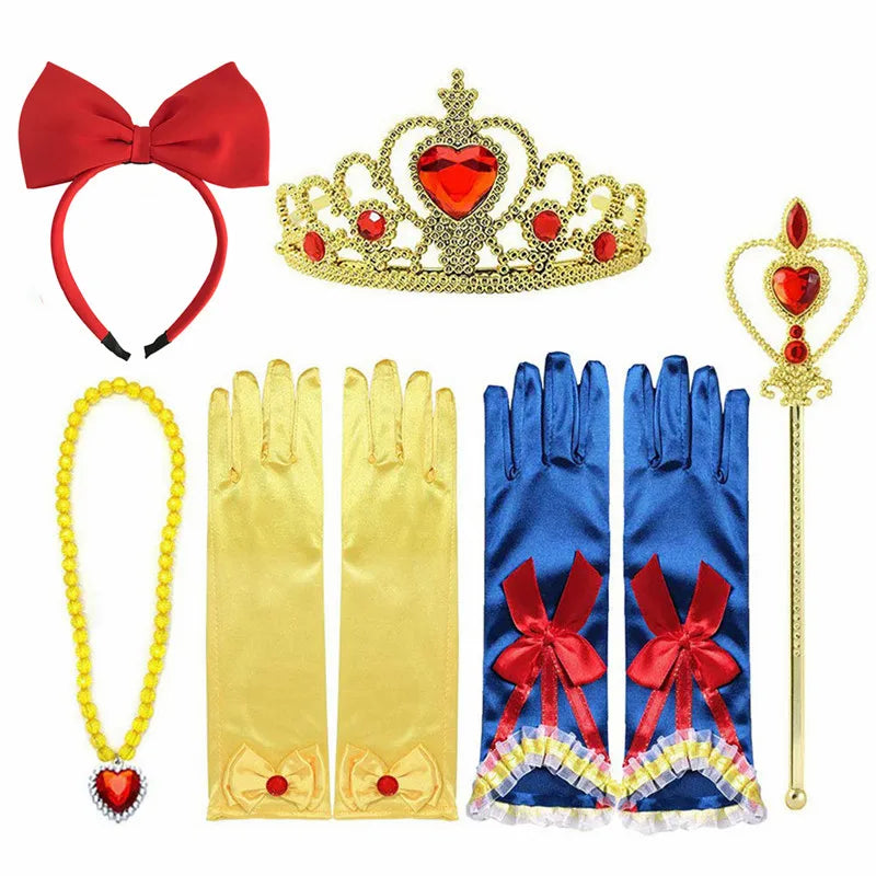 Girls Princess Snow White Accessory Party Tiara Crown Necklace Earrings Gloves Set Synthetic Hair Kids Snow White Dress Up Set