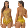 Womens Ballroom Dance Performance Costume Latin Jazz Samba Dance Wear Glitter Sequins Tassel Leotard Sleeveless Shiny Bodysuit