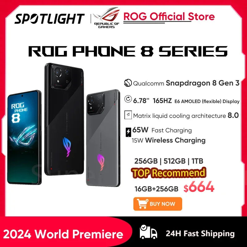 2024 World Premiere ASUS ROG Phone 8 Snapdragon 8 Gen 3 5G Smartphone 6.78'' 165HZ E-Sports Screen 65W Charging NFC ROG 8 Pro