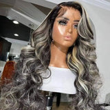 Human Hair Body Wave Highlight Wigs Black With Gray Highlighter Human Hair Lace Frontal Wig Brazilian 30 32 Inch For Women YARRA