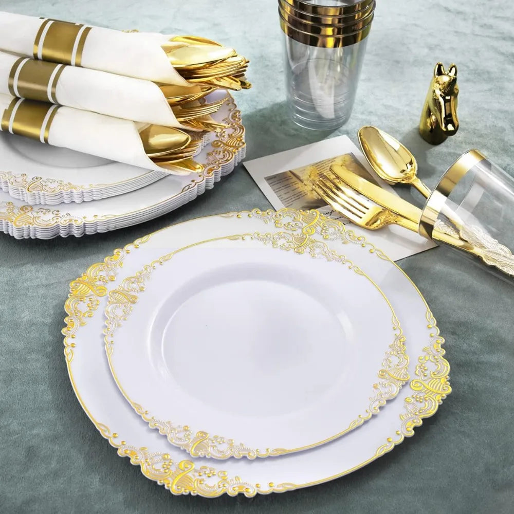 350PCS Gold Disposable Dinnerware Set for 50 Guests, 150 Gold Plastic Silverware, 50Cups, Napkins