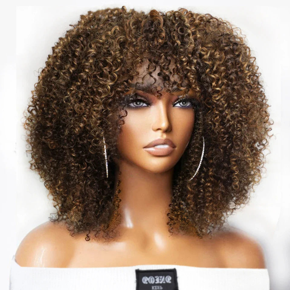 Short Afro Kinky Curly Wig With Bangs Brazilian Brown Highlight Glueless Full Machine Wig 250 Density Jerry Curl For Black Women