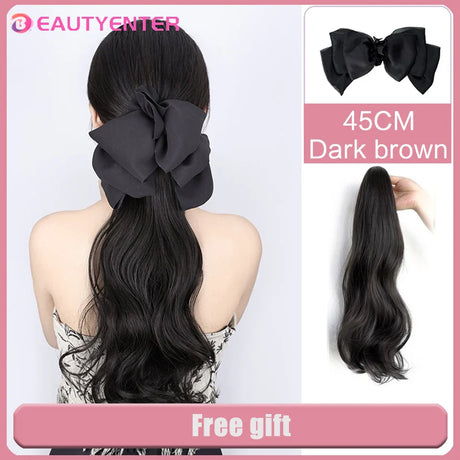 BEAUTYENTER Synthetic Straight Long Wig Hair Ponytail Grab clip Bow Pony Tail For Woman Fake Hairpiece For Black Women