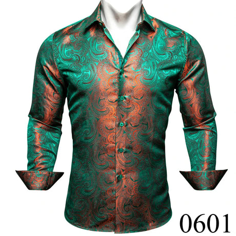 Luxury Silk Shirts for Men Green Paisley Long Sleeved Embroidered Tops Formal Casual Regular Slim Fit Blouses Anti Wrinkle 615