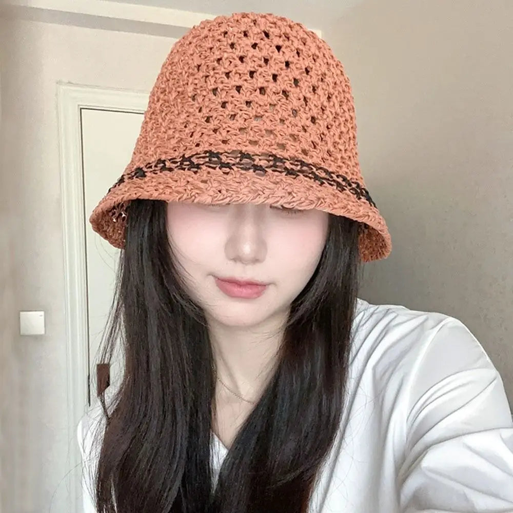 Fisherman's Hat Summer Fashion Ladies Paper Straw Bucket Hat Breathable Crochet Beach Cap Wide Brim Sun Cap