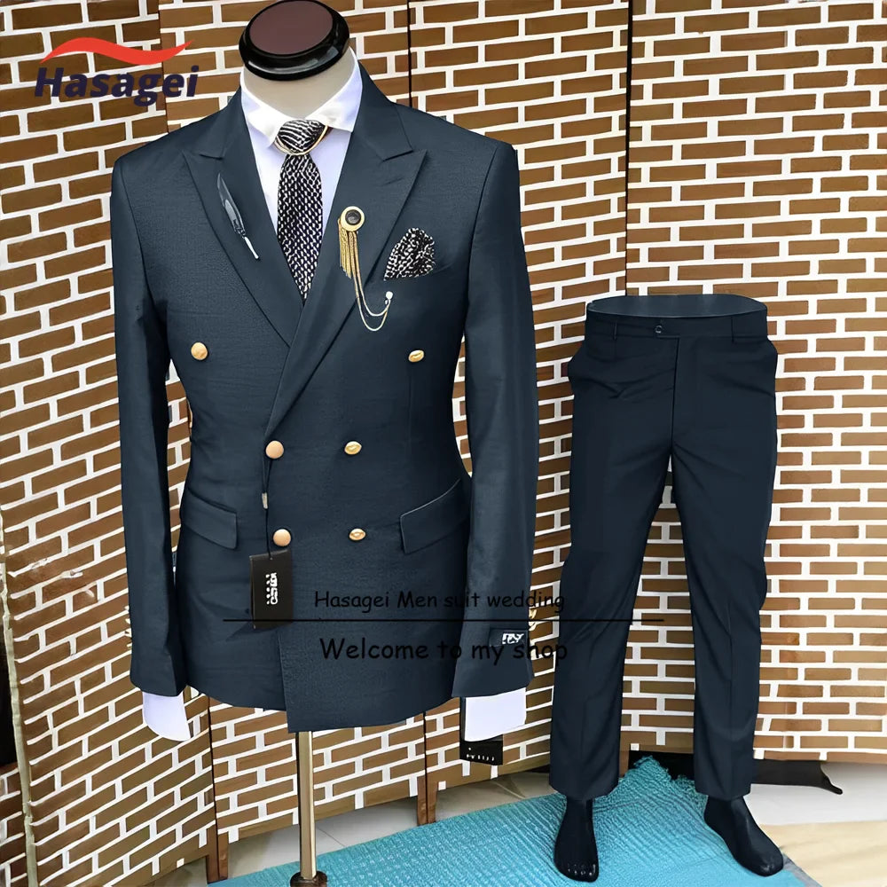 Formal Suit for Men Wedding Tuxedo Double-breasted Jacket and Pants 2-piece Set Business Blazer Gold Buttons Suit Groom