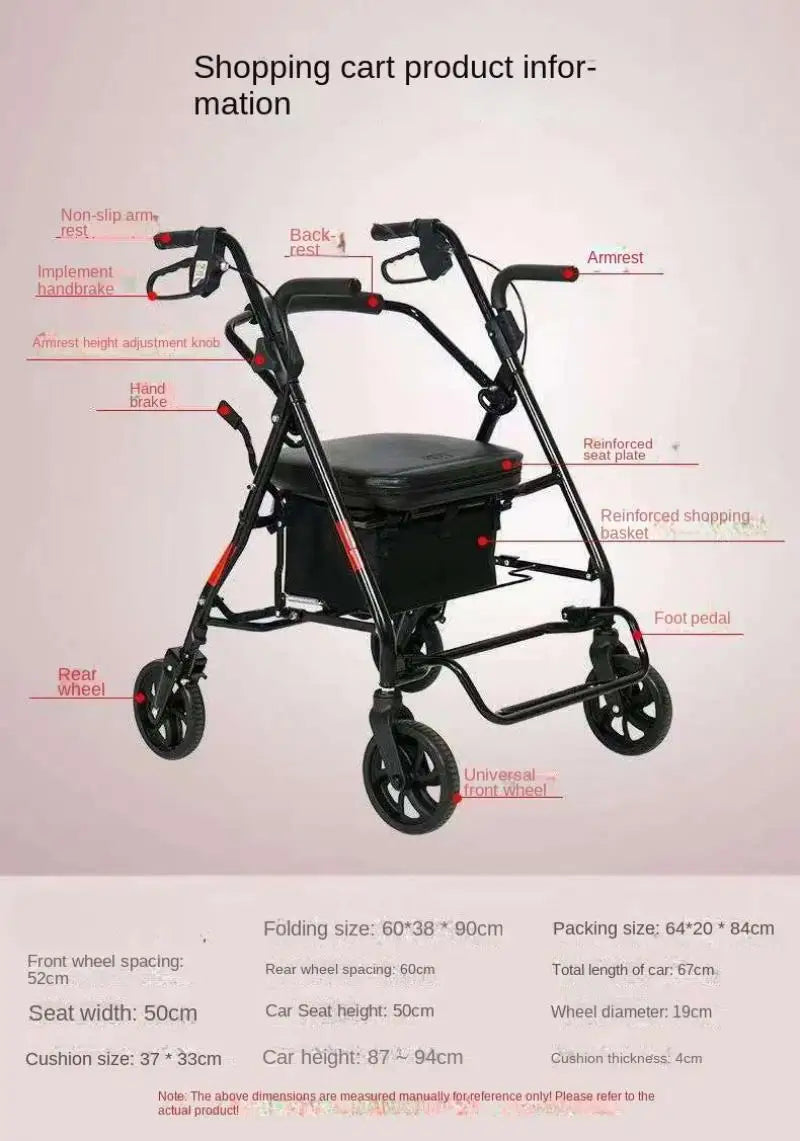 Foldable Walker For The Elderly Portable Walking Stick with Four Wheels Shopping Cart Trolley Rehabilitation Mobility Aids