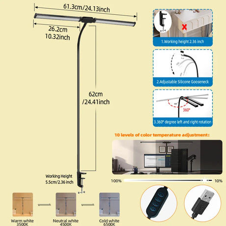 Double Head LED Desk Lamp Stepless Dimmable Computer Monitor Light 24W USB Table Lamps Reading Lights Eye Protection For Bedroom