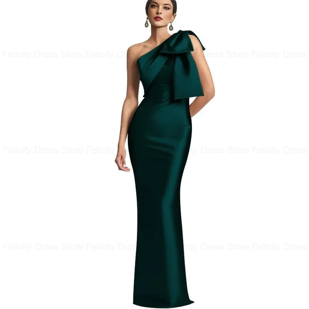 Exquisite Mother of the Bride Dresses 2023 Sheath One-Shoulder Satin Bow Floor-Length Wedding Guest Dresses فستان حفلات الزفاف