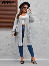 GIBSIE Plus Size Solid Rib Knit Open Front Cardigans Women Spring Autumn Casual Long Sleeve Korean Female Mid-Long Cardigan Coat