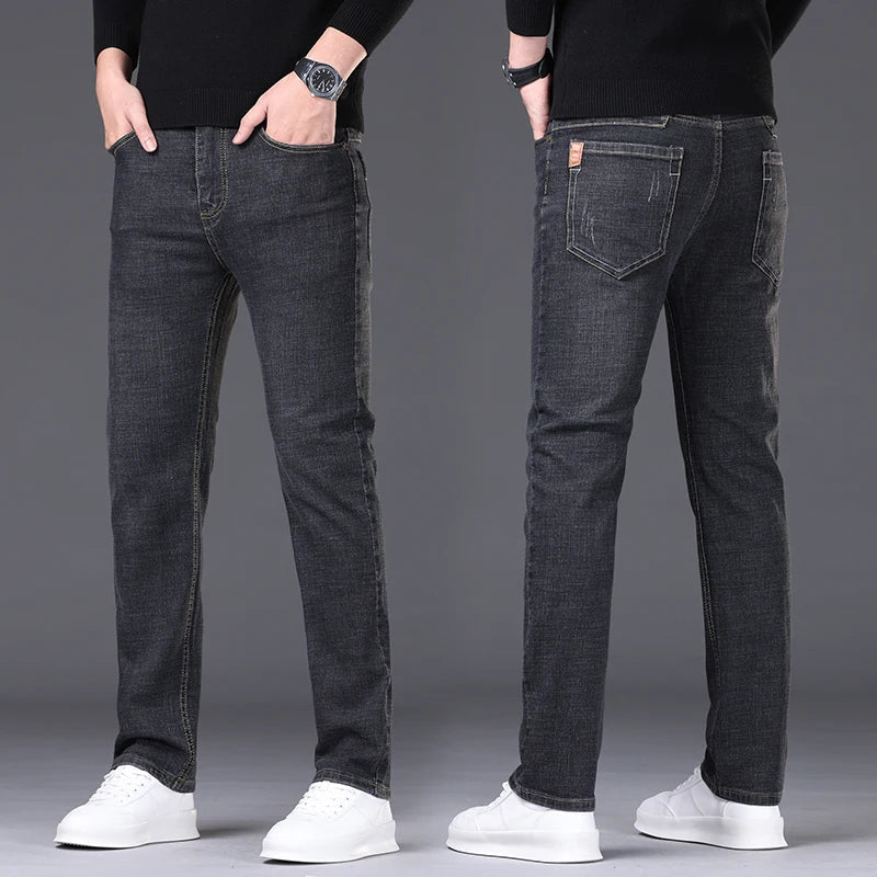 High Quality Brand Jeans Mens Large Size Business Casual Jeans Fashion Slim Fit Stretch Straight Denim Pants Four Season