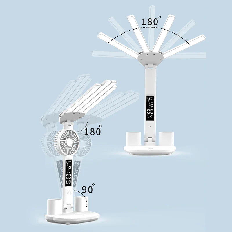 Rechargeable Table Lamp for Study, Desk Lamp Reading Light Led Table Light with Fan, Led Clock Dispaly Reading Lamp