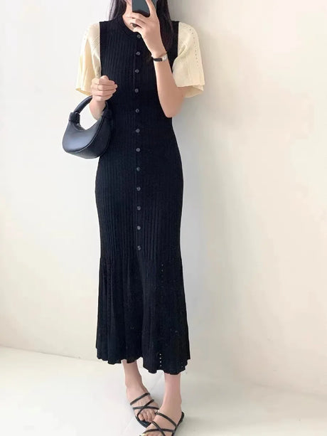 Newest Summer Unique Hot Knitted Dress Women Short Sleeve Single Row Button Slim Mermaid Dresses High Quality