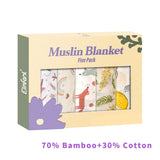 Elinfant 5pcs Gift Set Bamboo Cotton Muslin Bib Burp Cloth 100% Cotton 60*60cm 2 Layers Baby Scarf Handkerchief