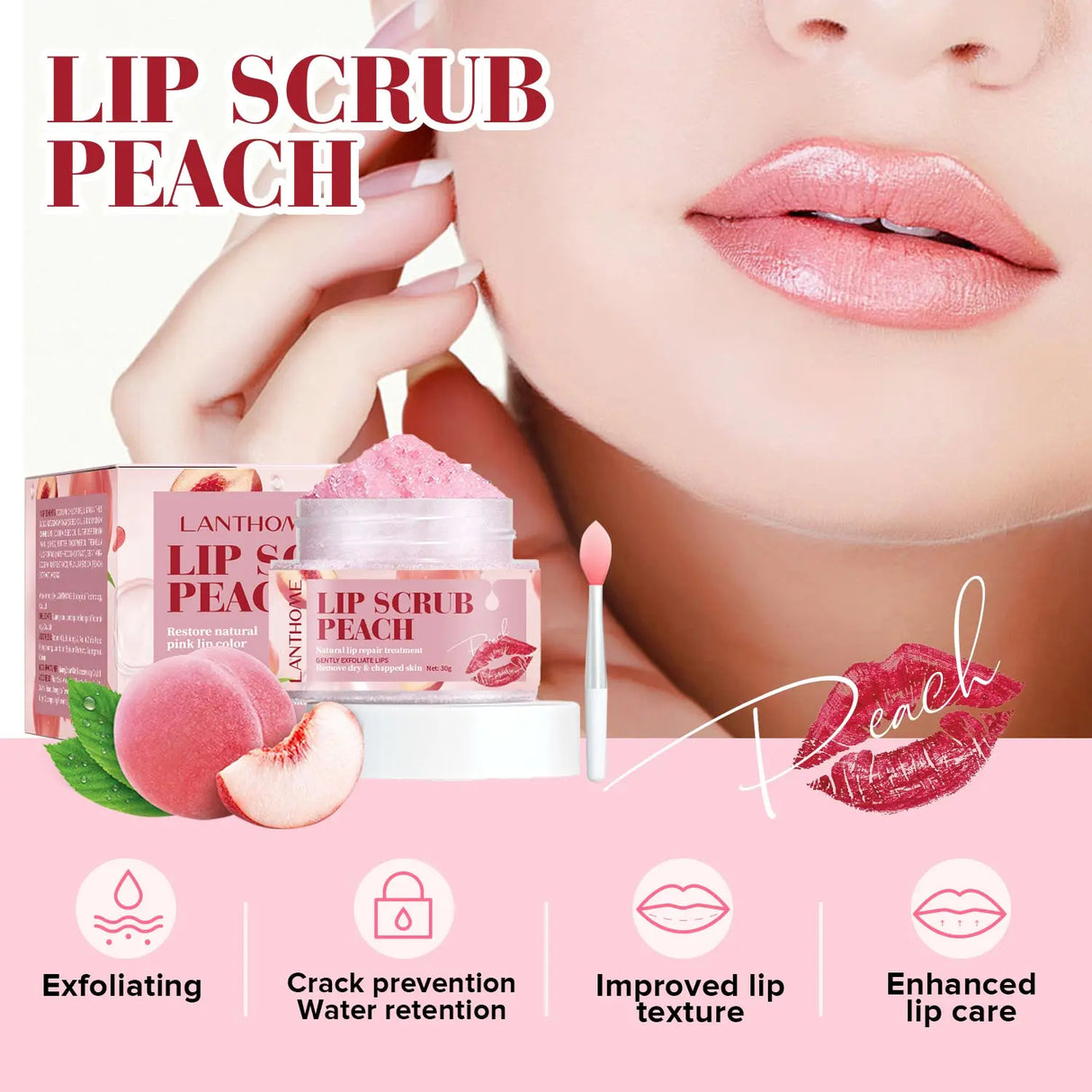 Peach Lip Scrub Exfoliating Lightening Fade Lip Lines Anti Dryness Removing Dead Skin Moisturizing Care Makeup Lip Care 30g