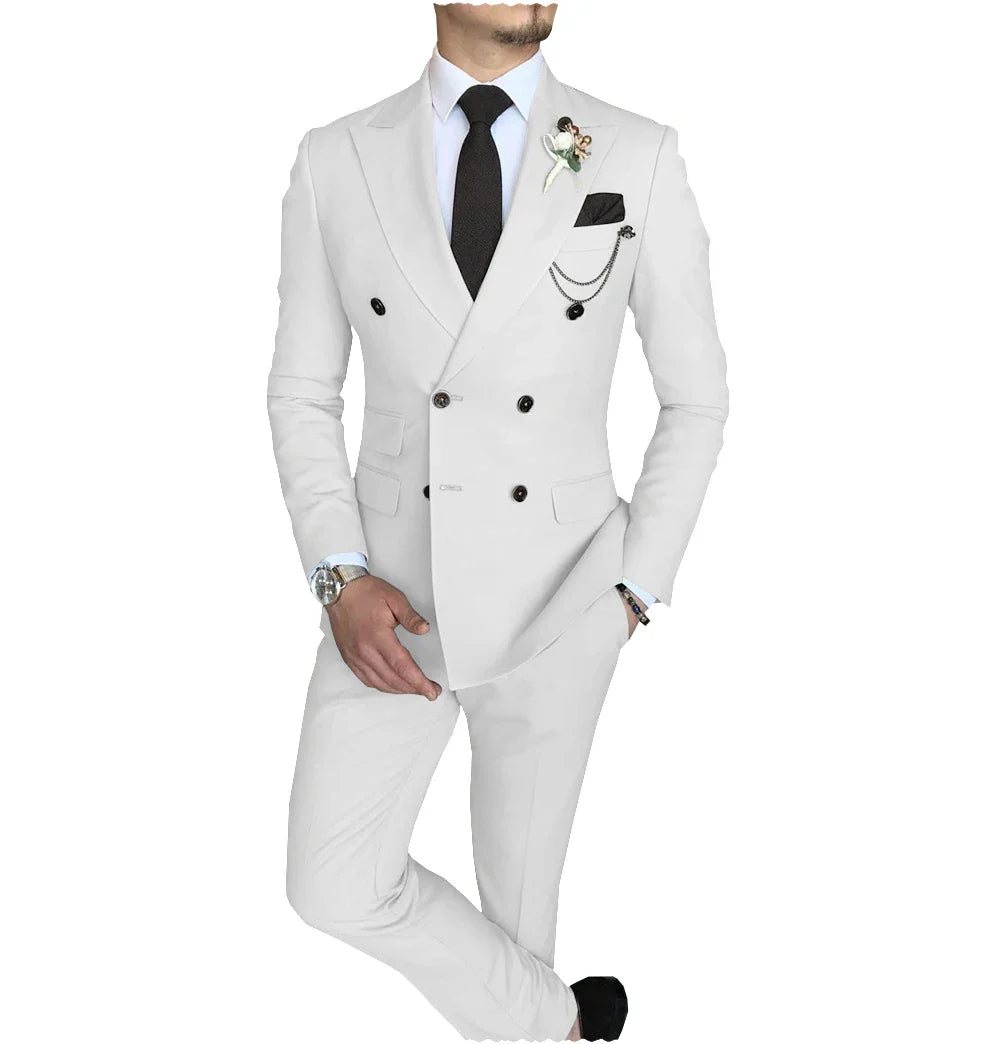 Men's Suit 2 Piece Double Breasted Peak Lapel Jacket Business Casual Slim Fit Wedding  Suit For Men ( Blazer+Pants）