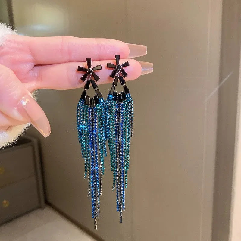 Exaggerated Blue Rhinestone Crystal Geometric Flower Long Tassel Earrings for Women Cool Drop Dangling Earring Party Jewelry