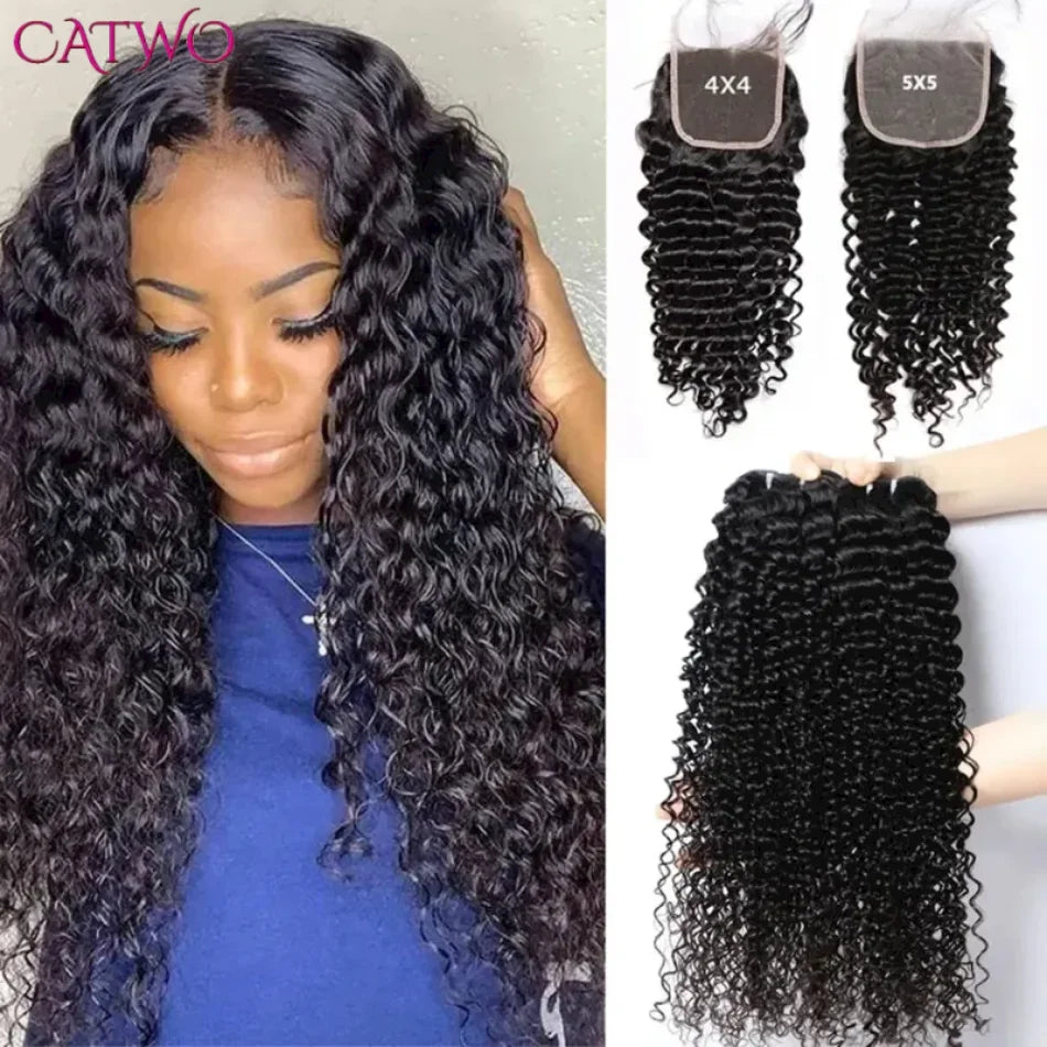 Curly Wave Hair Bundles With Lace Closure 5x5 HD Lace Closure Deep Wave Hair Bundles Remy Hair Weave Extensions With 4x4 Closure