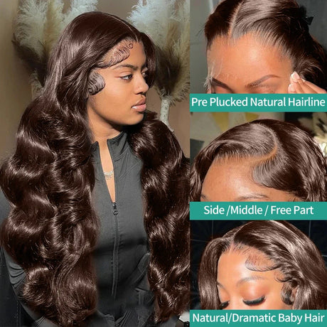 HD 250% 30 40 Inches Chocolate Brown Body Wave 13x6 Lace Front Human Hair Wigs 13x4 Lace Frontal Wig Glueless Ready To Wear