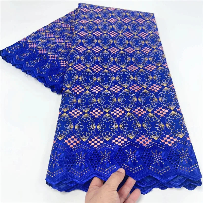 5 Yards African Swiss Voile Lace Fabric Embroidery High Quality With Stones Dry 100% Cotton For Wedding 4L071503