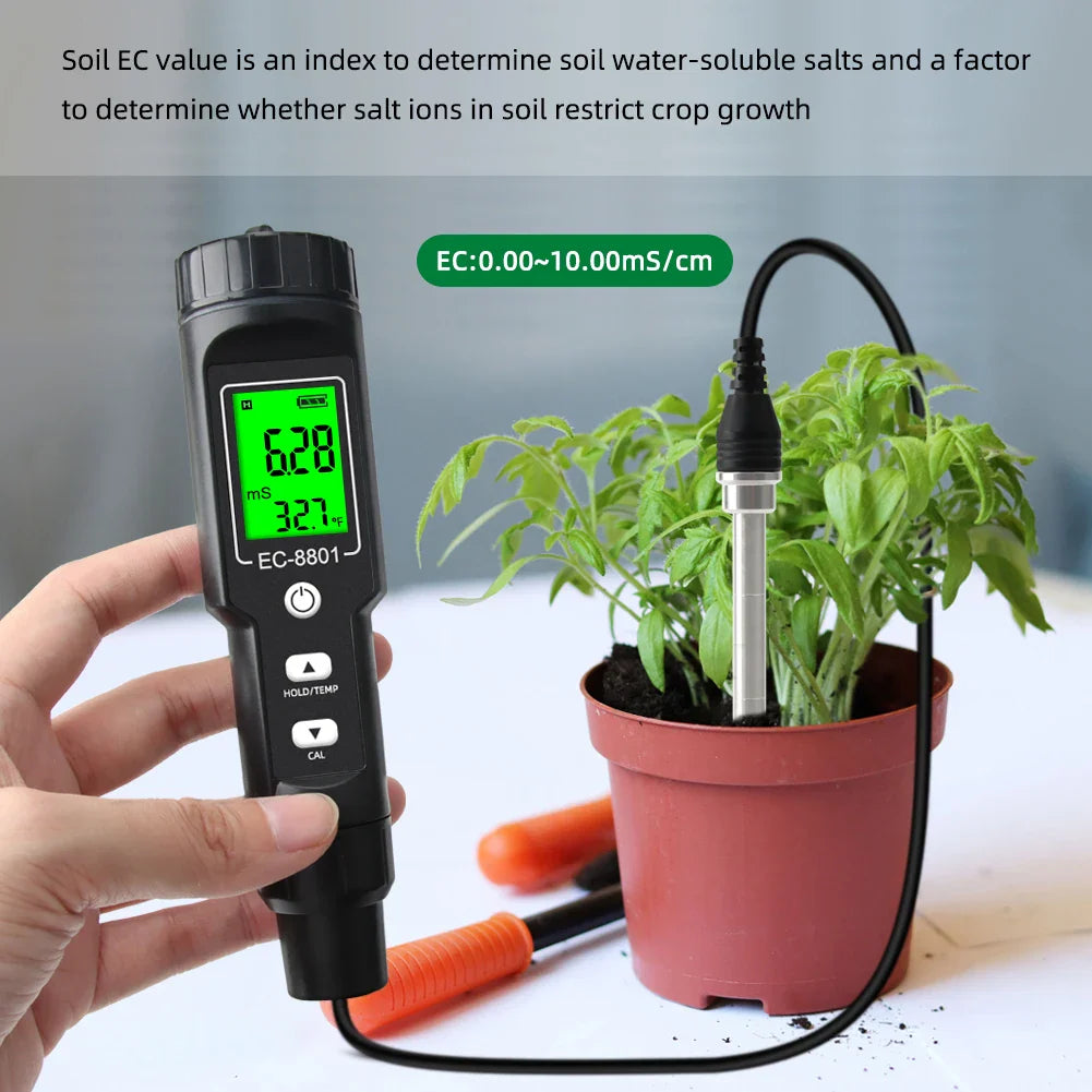 Digital EC/Temp Soil Tester 0.00~10.00mS/cm Conductivity Meter Waterproof Sensor Earth Analyzer with ATC Planting Garden Outdoor