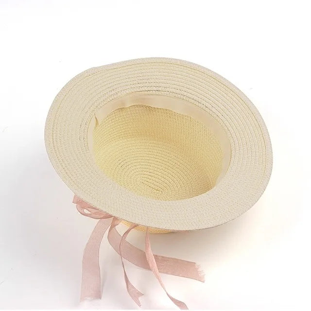 Simple Parent-child Summer New Women's Sun Hat Bucket cap beige lace Bowknot Flowers Ribbon Flat top Straw Hat Beach Caps Panama