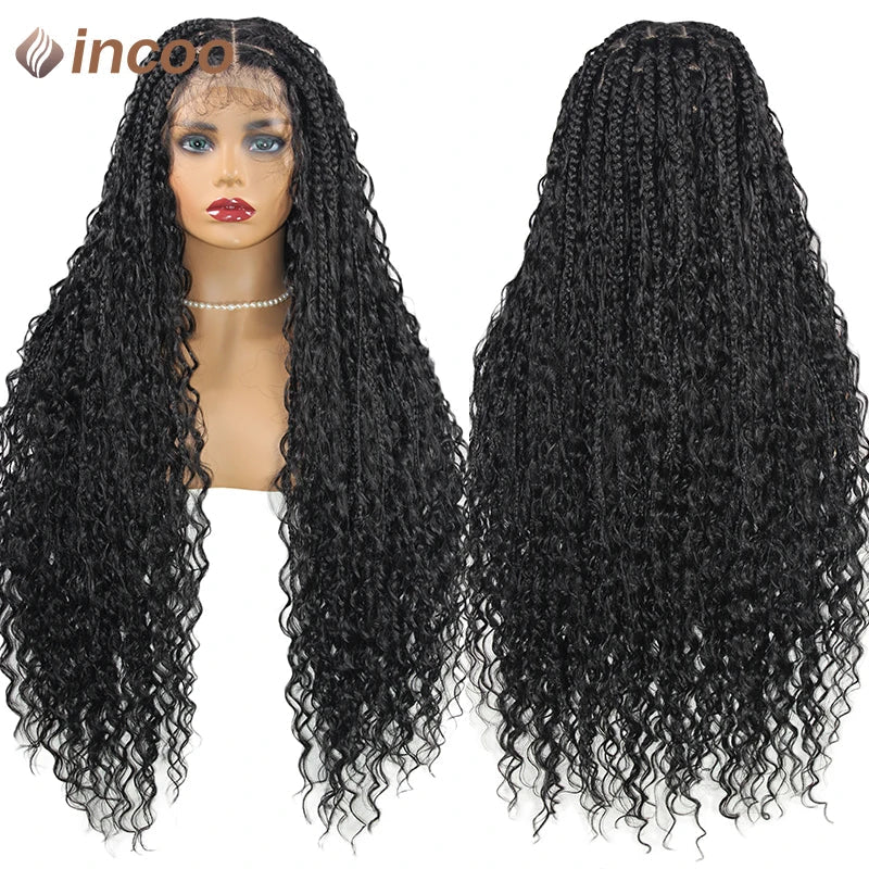 Boho Box Braided Wigs Curly Hair Full Lace Front Wigs for Women Goddess Locs Braid Wig Burgundy Bohemian Box Braid Synthetic Wig