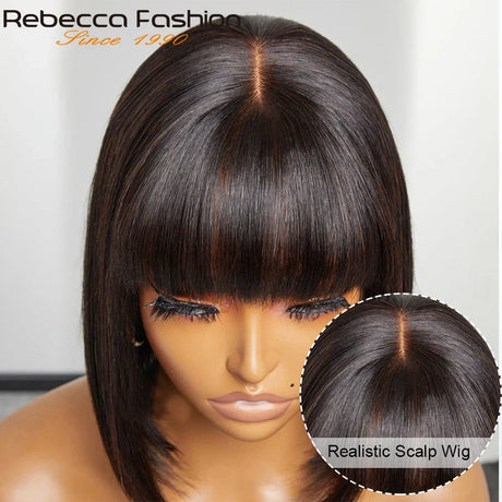 Glueless Straight Human Hair Wigs With Bangs Fringe Middle Part Bob Lace Wigs Realistic Scalp Brazilian Straight Bob Lace Wigs