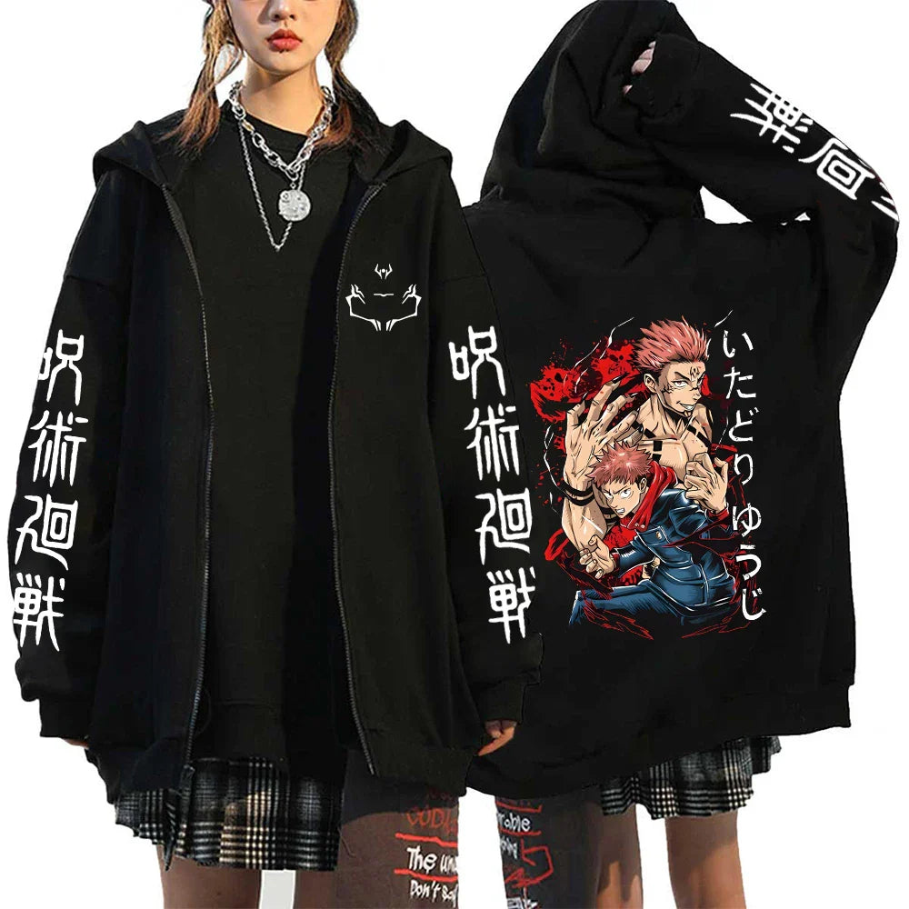 Women Men Anime Zip Hoodies Jujutsu Kaisen Plus Size Zipper Jackets Gojo Satoru Printed Sweatshirt Y2k Harajuku Unisex Hooded