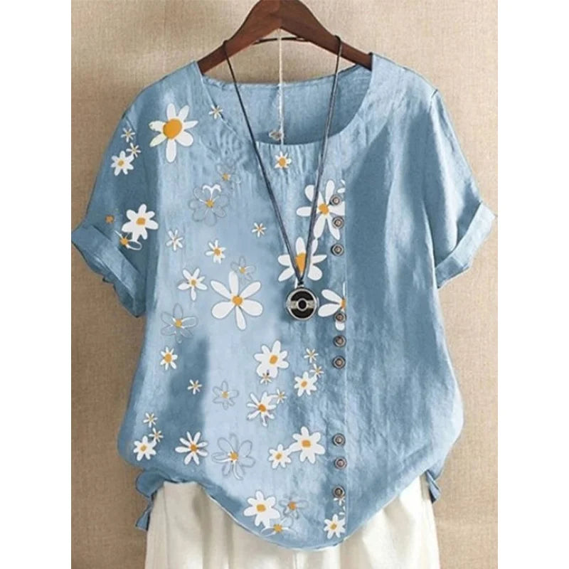 Plus Size Daisy-Print Cotton Linen Shirt Casual Summer Women O-Neck Short Sleeve Pullover Top Fashion Street Flower Blouse