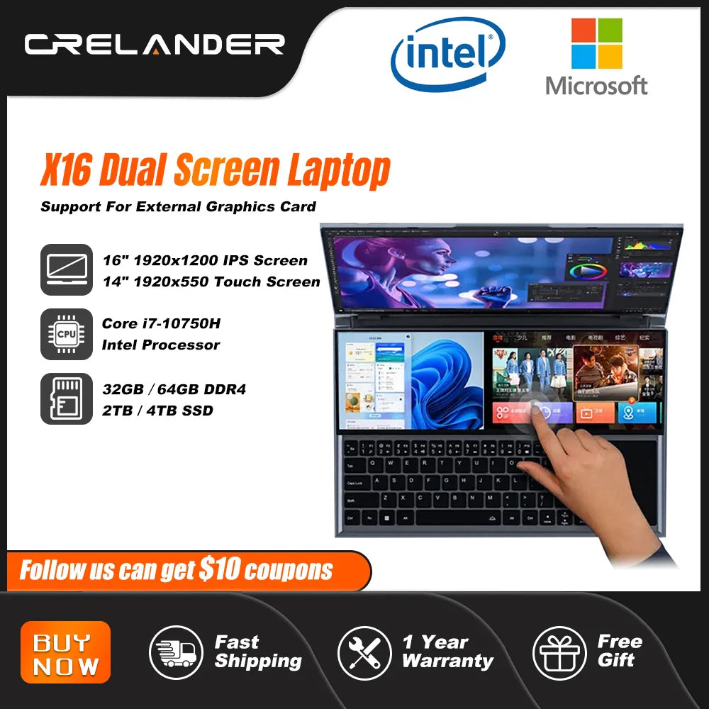 CRELANDER Dual Screen Gaming Laptops 16 Inch  LCD Screen + 14 Inch Touch Screen Intel Core I7-10750H Notebook Computer