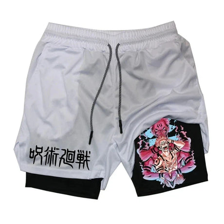 Itadori Yuji 2 in 1 Compression Shorts for Men Anime Jujutsu Kaisen Performance Shorts Basketball Sports Gym Shorts with Pockets